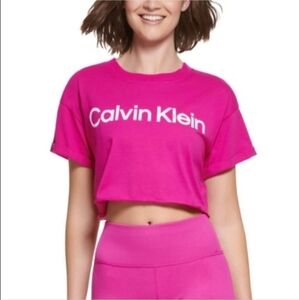 CALVIN KLEIN Performance cropped logo athletic t-shirt top pink white NWT